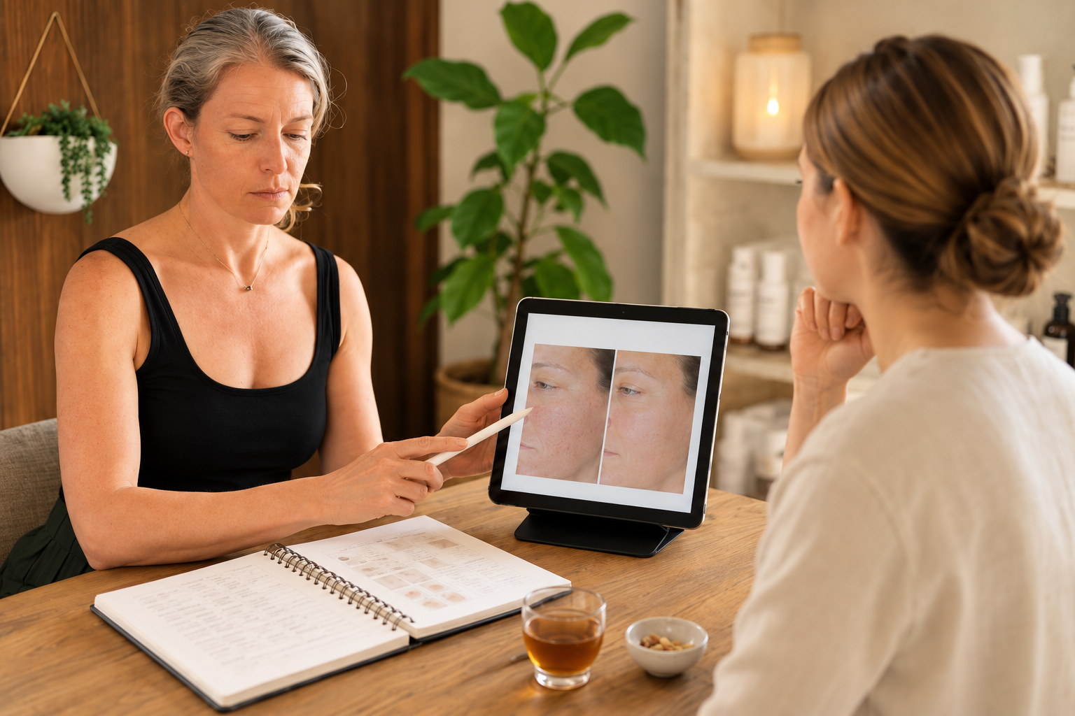 Holistic skin consultation in a calm Spruce treatment room
