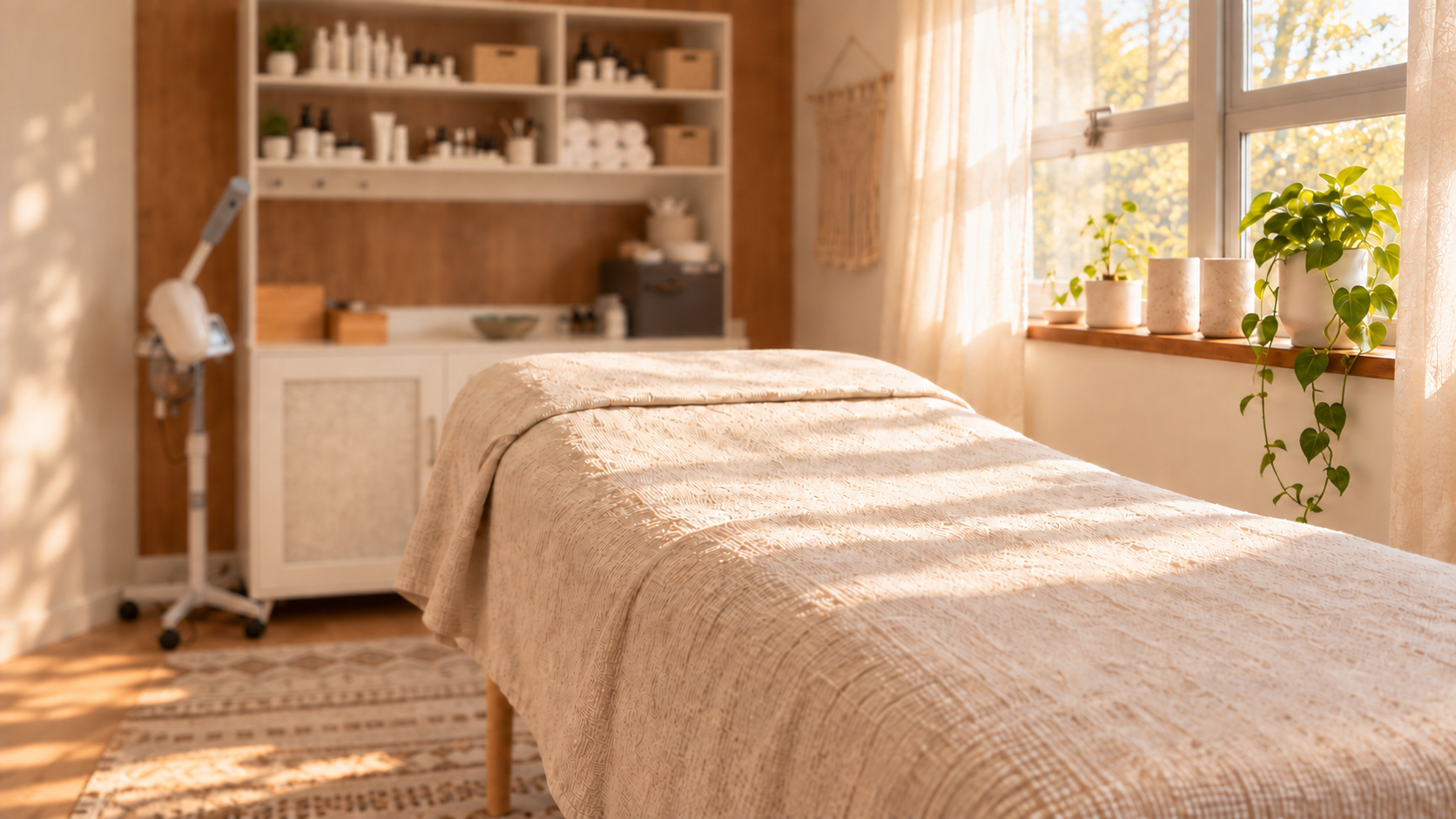 A calm, naturally styled treatment room at Spruce
